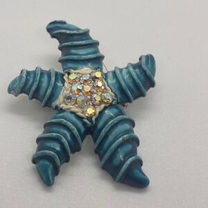 Teal Starfish Brooch Rhinestone Nautical Beach Coastal Jewelry